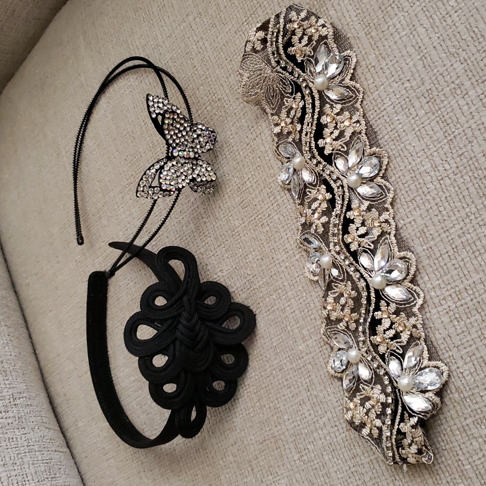 3 pc Headband Lace Tan Rhinestone/Pearls(New); Butterfly w/Rhinestones; Black